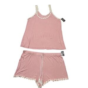 PJ Couture Summer Pajama Set Pink Ribbed Knit Shorts Tank Size 2X Daisy Trim